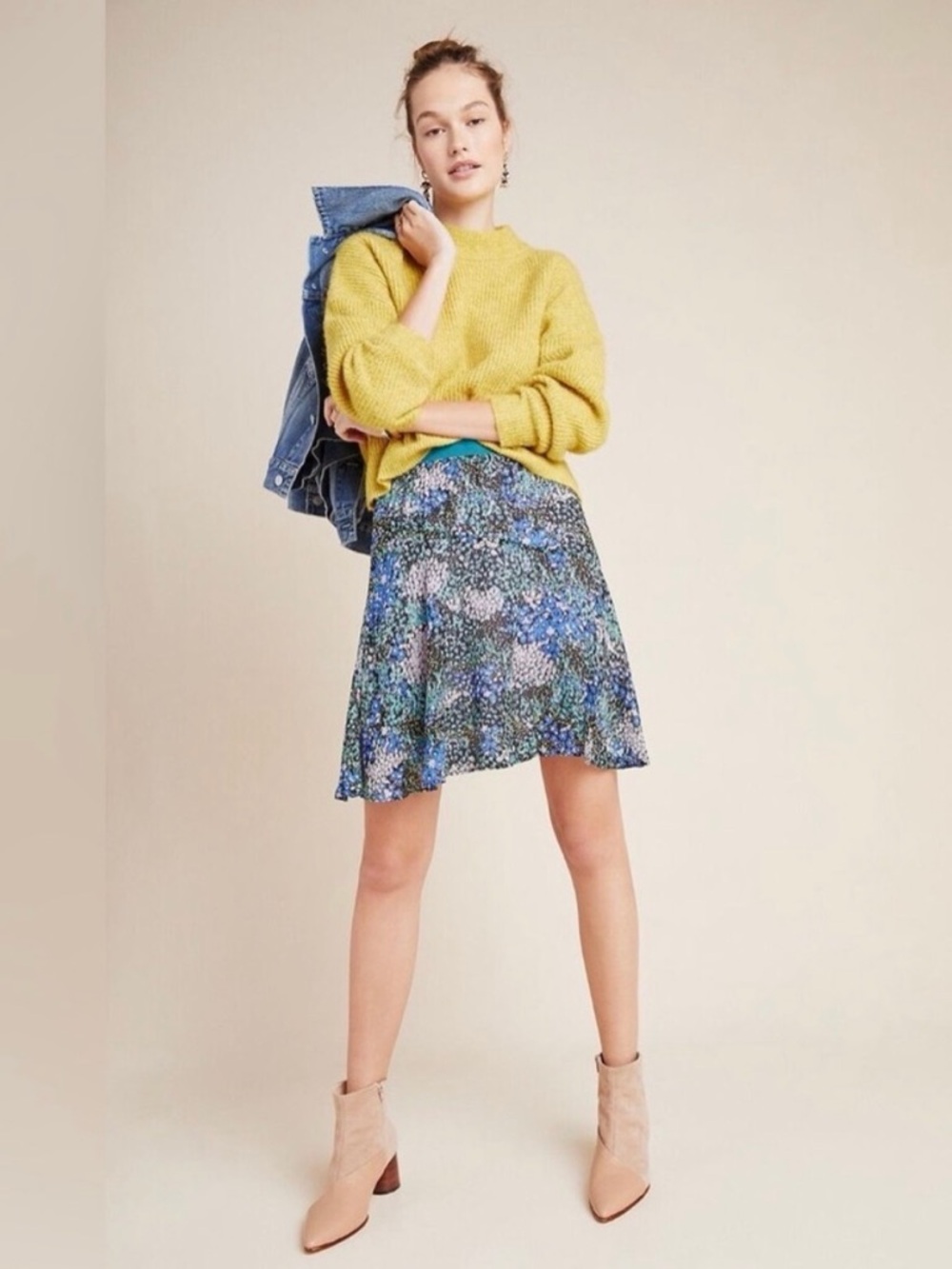 Anthropologie Maeve Kerry Tiered Floral Blue A-Line Skirt size M 8-10